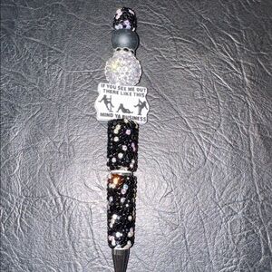 Glittery Black & Silver Pen “Mind Ya Business”focal Bead w/ Rhinestones, NEW